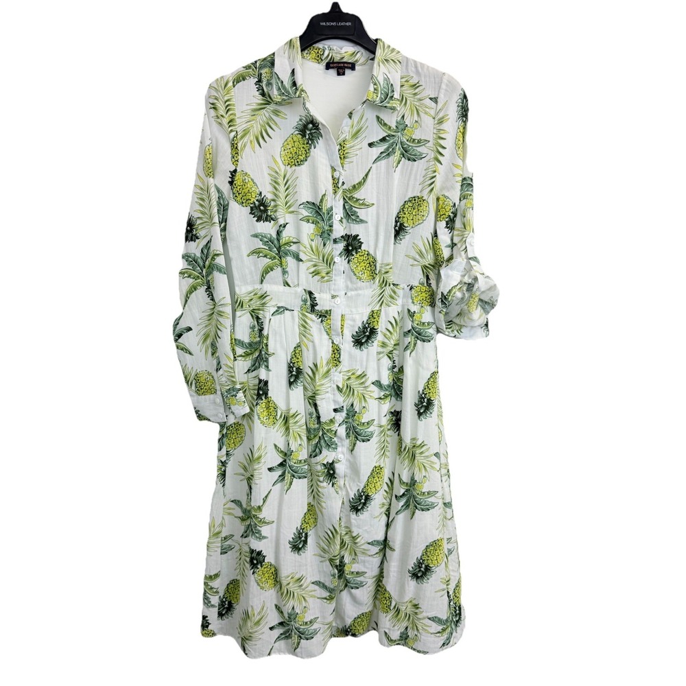 Skies Are Blue Women's Size‎ M Pineapple Leaves Print Dress Roll-up Sleeve Lined